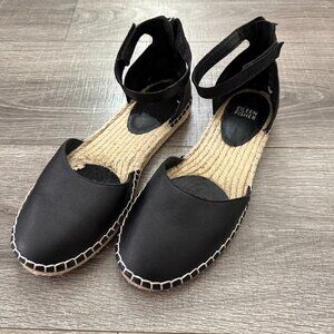 Eileen Fisher Lala Leather Espadrille Flat Black Ankle Strap Women Size 8.5